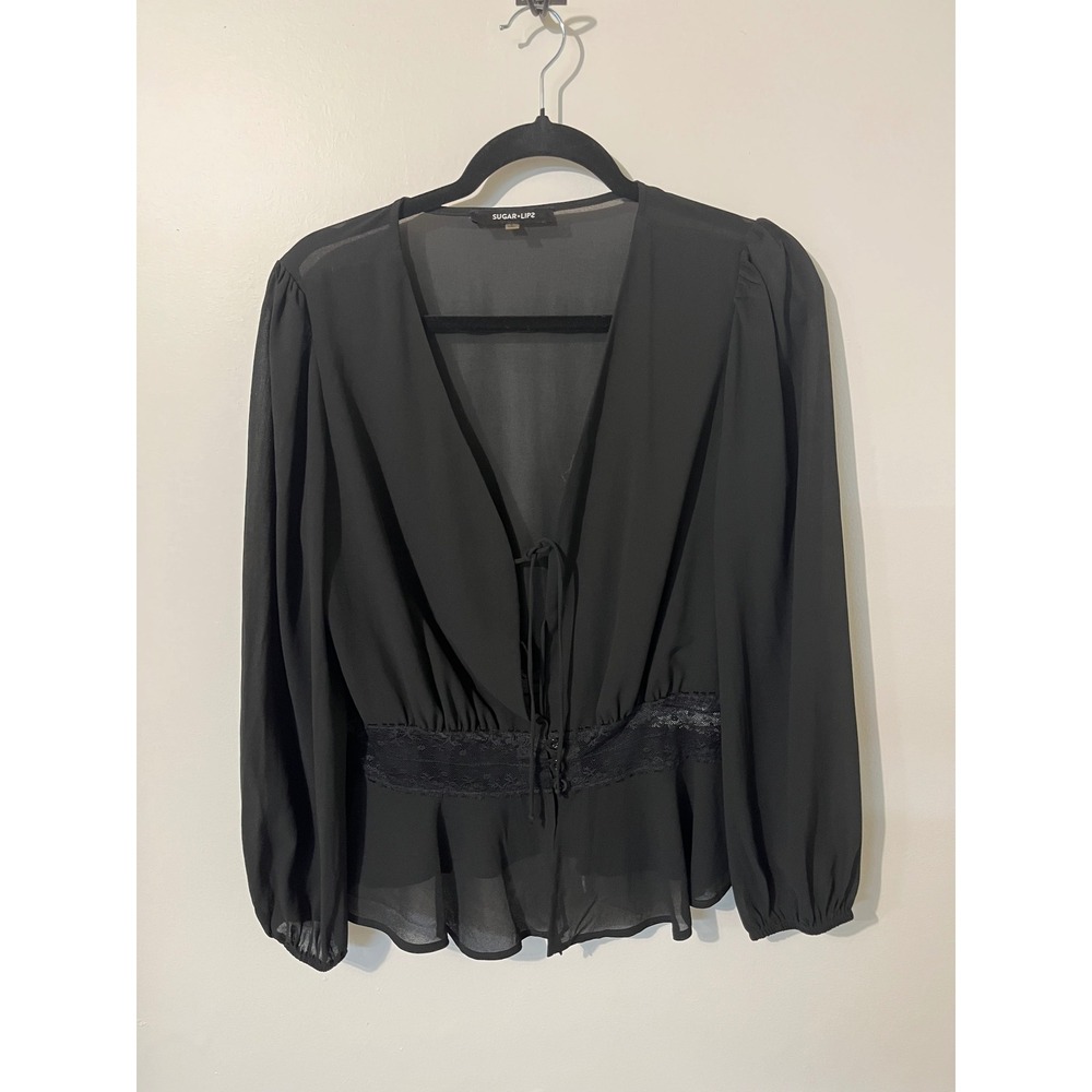 Sugar Lips Womens Black Sheer Lace Peplum Blouse V-Neck Tie Front Top Large